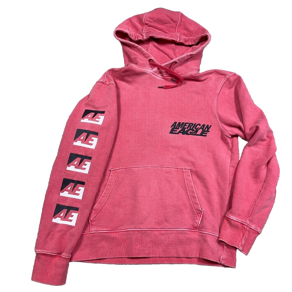 American Eagle Hoodie‎ Men Small Pink Sweatshirt Spellout Pullover Retro Faded